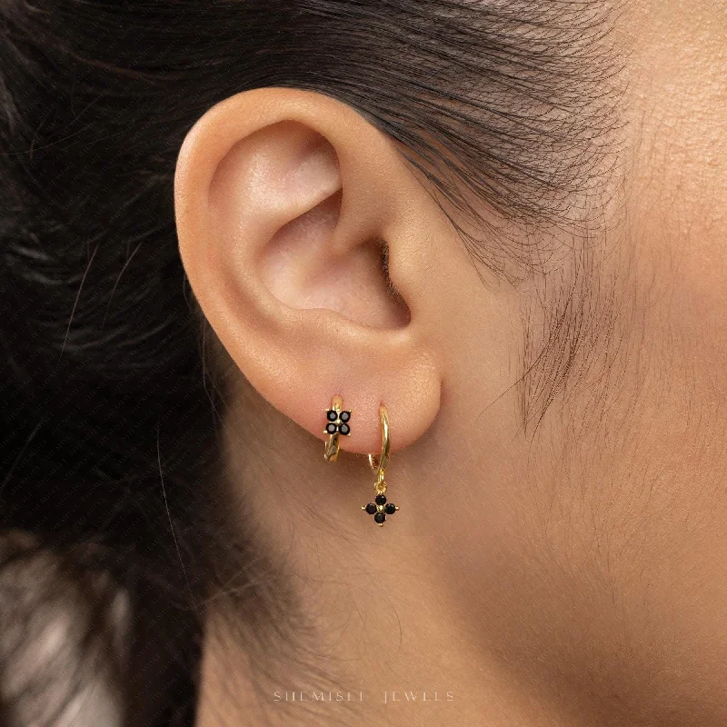 Women's vintage earrings-4 leaf Clover Black CZ Drop Hoop Earrings Stack Set, Flower Dangle Huggies, Unisex, Gold, Silver SHEMISLI SH585, SH544