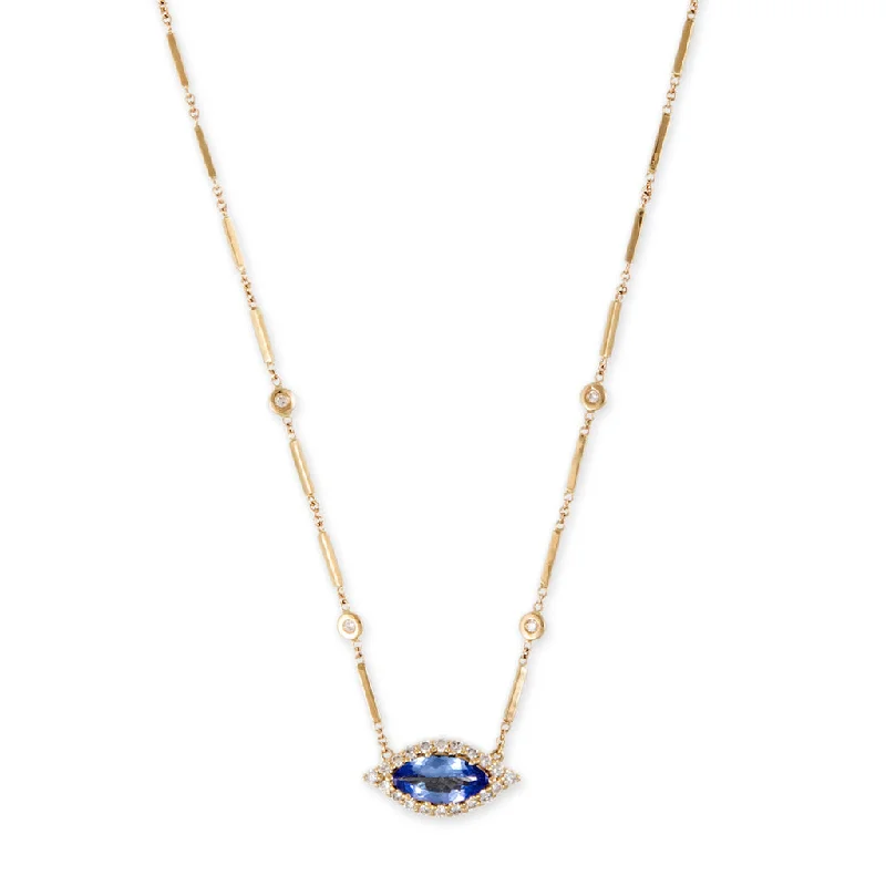 Women's beaded necklaces-PAVE TANZANITE CENTER EYE DIAMOND SMOOTH BAR NECKLACE