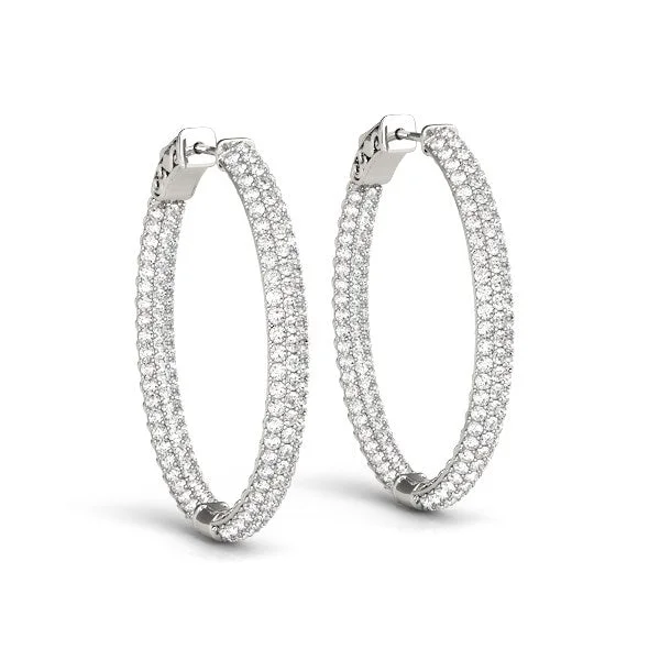 Women's gift earrings-14k White Gold Diamond Hoop Double Sided Three Row Earrings (2 cttw)