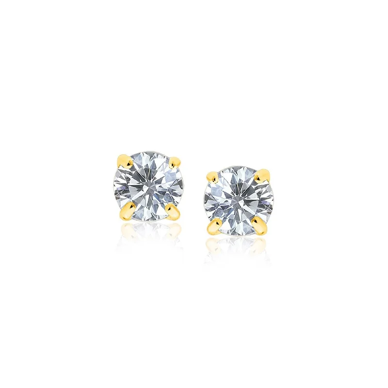 Minimalist women's earrings-14k Yellow Gold Stud Earrings with White Hue Faceted Cubic Zirconia(5mm)