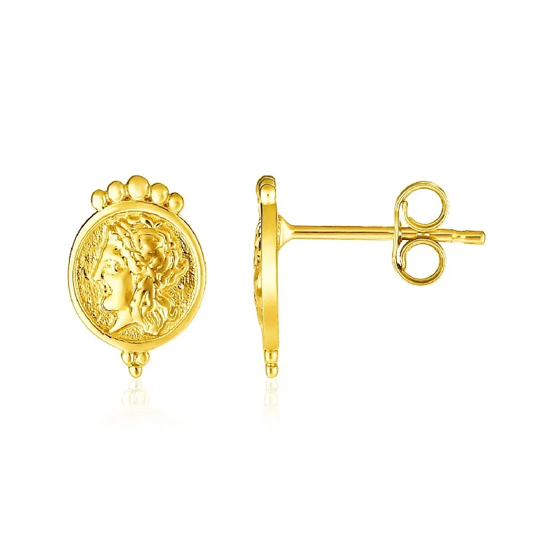 Women's geometric earrings-14k Yellow Gold Roman Coin Earrings