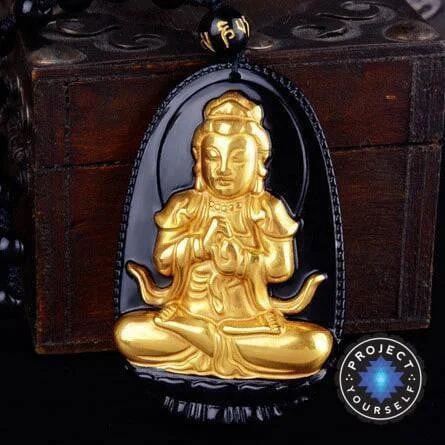 Women's long necklaces-Gold+Natural Black Obsidian Eight Patron Saint Buddha Pendant Necklace