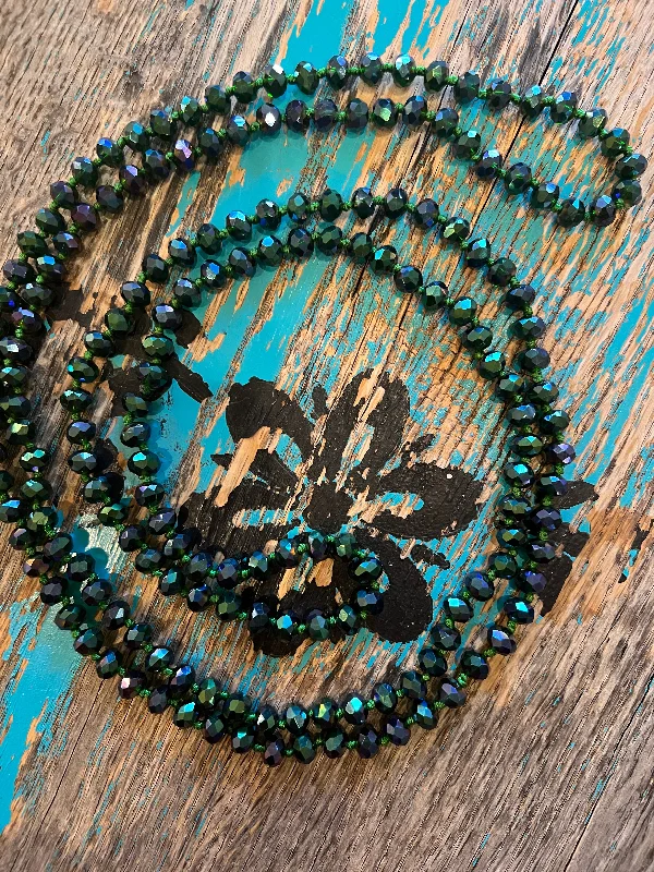 Women's eco-friendly necklaces-60" Hand Knotted Iridescent NAVY/GREEN Bead Necklace