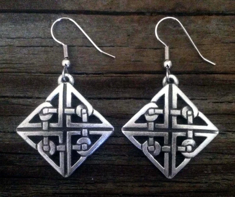 Women's bridal earrings-Pewter Celtic Shield Knot Earrings made in USA