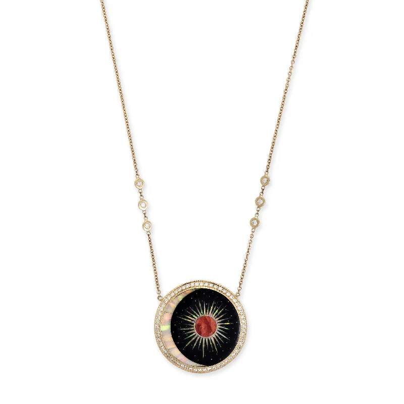 Women's geometric necklaces-PAVE ROUND ONYX + OPAL CRESCENT MARS BURST INLAY NECKLACE