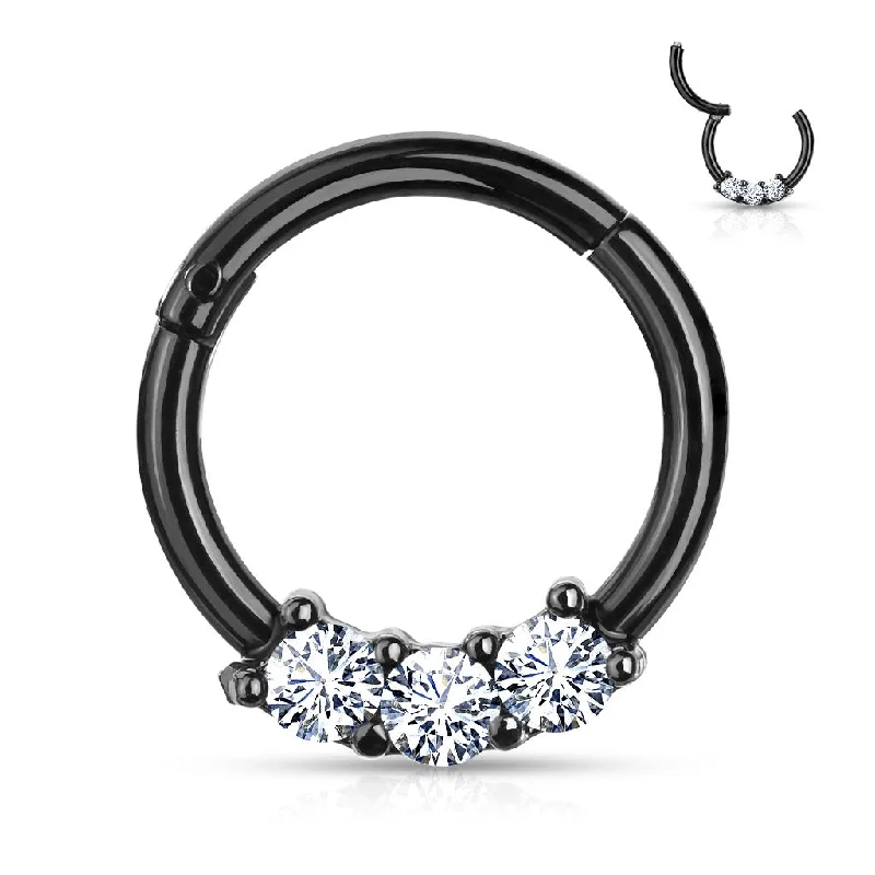 Women's ethical rings-Black Jewelled High Quality Precision Triple CZ Hinged Ring - E319C