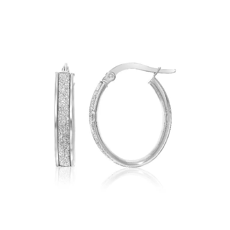 Women's unique earrings-14k White Gold Glitter Center Oval Hoop Earrings(4x15mm)