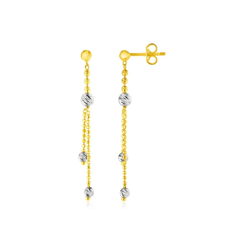 Women's casual earrings-14k Two Tone Drop Earrings with Textured Beads