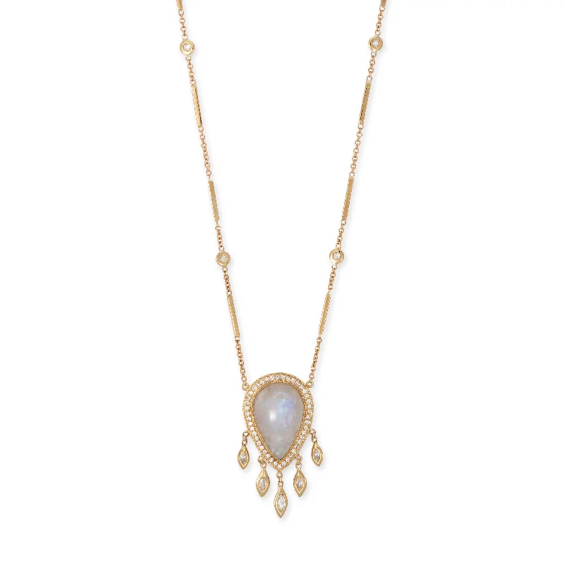 Women's travel necklaces-PAVE MOONSTONE  TEARDROP + 5 MARQUISE DIAMOND SHAKER SMOOTH BAR NECKLACE