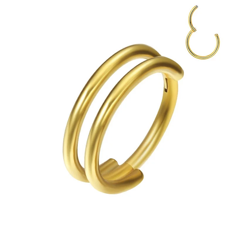 Women's silver-plated rings-Titanium Gold Double Hoop Hinged Ring - TI-500A