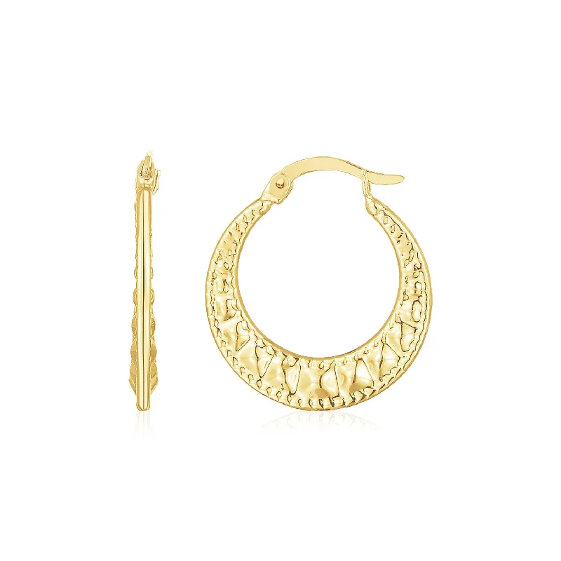 Women's chandelier earrings-14K Yellow Gold Puffed Wavy Textured Hoops