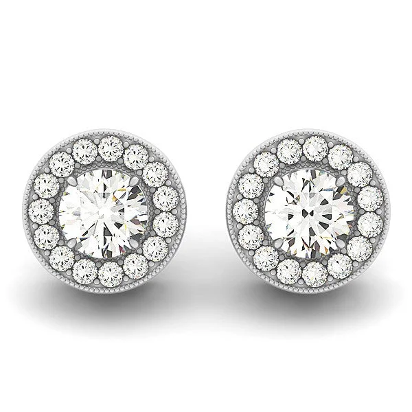 Women's moon phase earrings-14k White Gold Round Diamond Halo Milgrain Border Earrings (3/4 cttw)