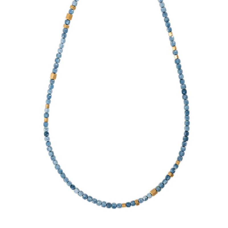 Women's titanium necklaces-GOLD HEXAGON BEADS + BLUE OPAL BEADED NECKLACE