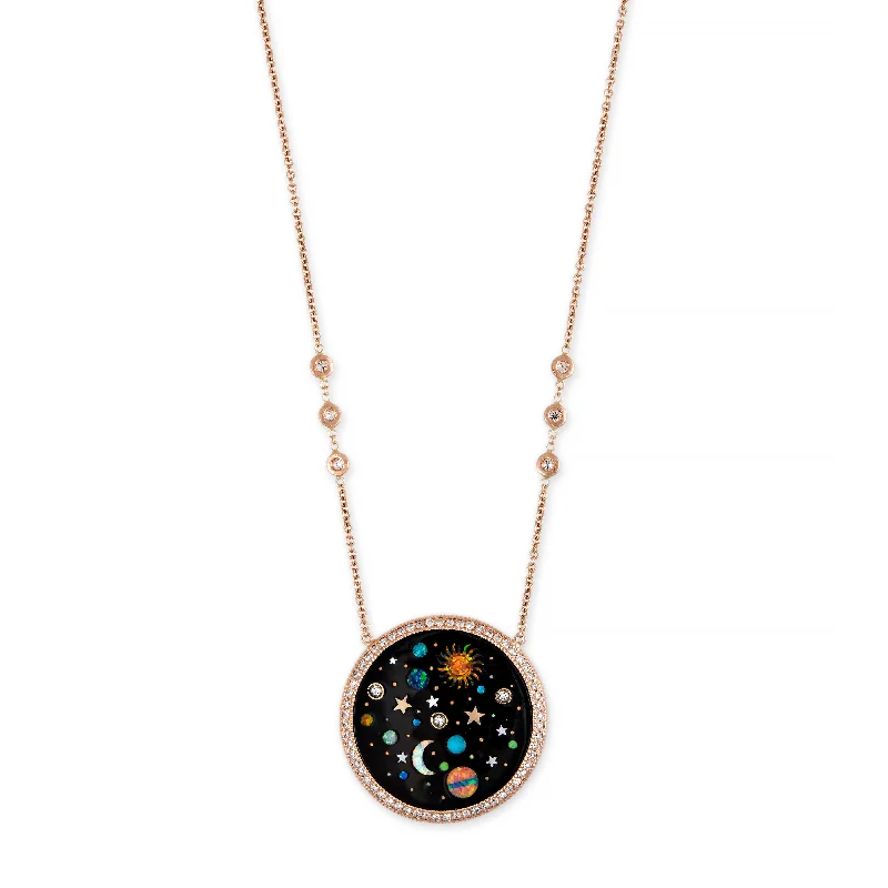 Women's fashion necklaces-PAVE ROUND ONYX + OPAL STARRY GALAXY INLAY NECKLACE