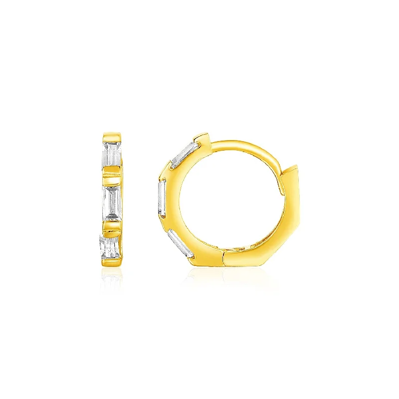 Women's titanium earrings-14k Yellow Gold Petite Octagonal Hoop Earrings with Cubic Zirconias