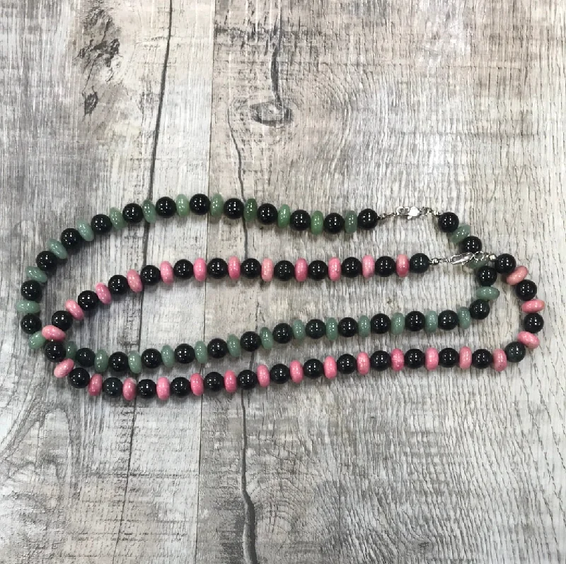 Women's pendant necklaces-Black Jade and Rhodonite or Green Jade Necklace, 19 inches