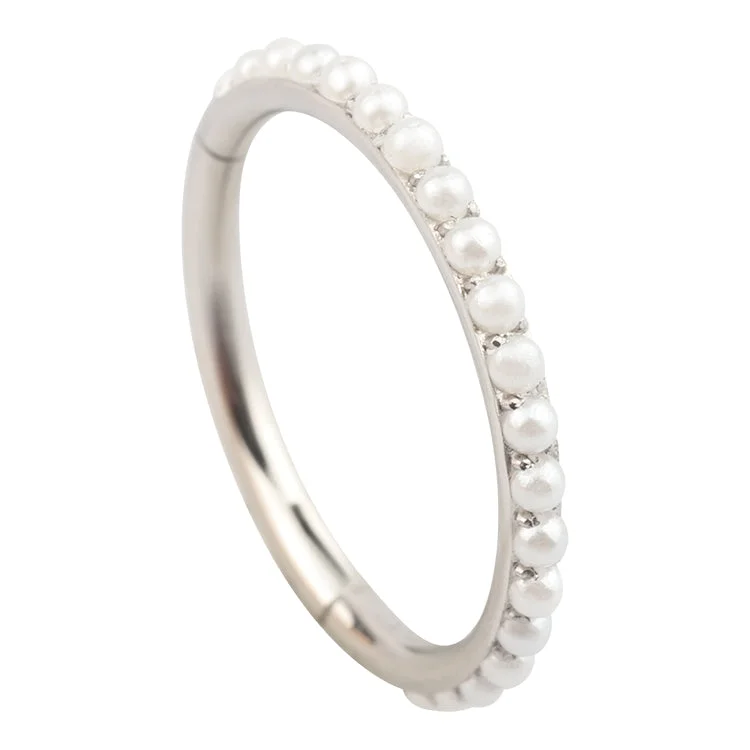 Women's custom design rings-Titanium High Polish/Gold (Your Choice) Pearl Lined Hinged Segment Hoop Ring - T21/A