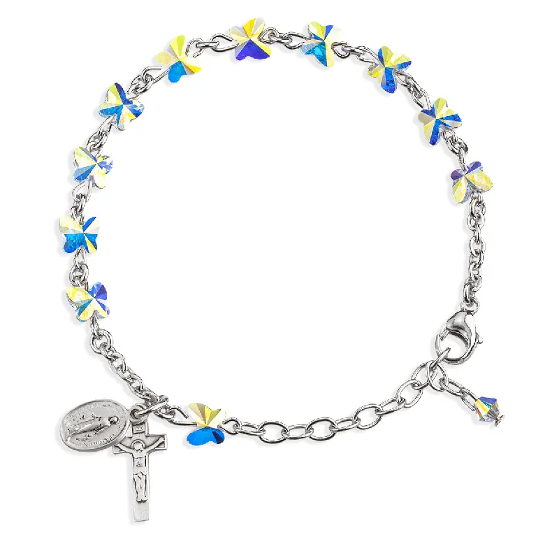 Women's statement bangles-Sterling Silver Rosary Bracelet Created with 6mm Aurora Borealis Finest Austrian Crystal Butterfly Beads by HMH - B8301CR