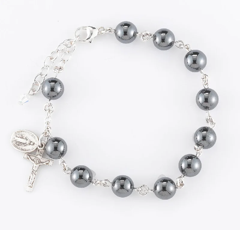 Women's beaded bracelets-Genuine Hematite Round Rosary Bracelet - BR7800HT