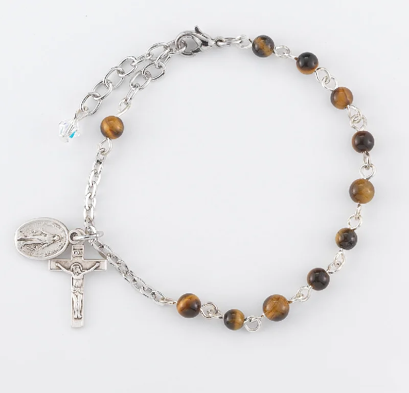 Women's platinum bangles-Genuine Tiger Eye Round Rosary Bracelet - BR7400TG