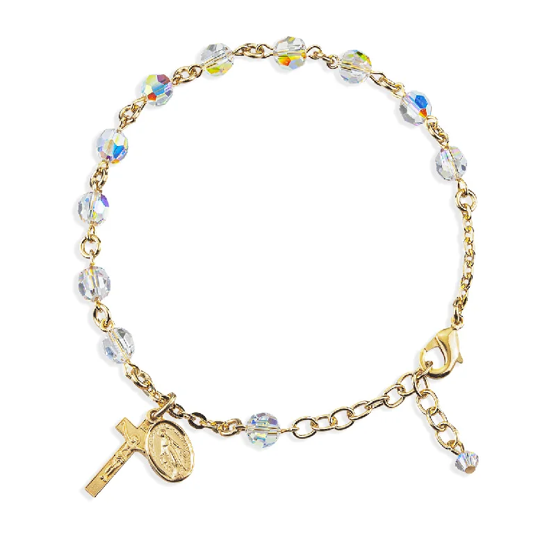 Women's art deco bangles-Gold Plated Rosary Bracelet Created with 6mm Aurora Borealis Finest Austrian Crystal Round Beads by HMH - BR8550CRGS