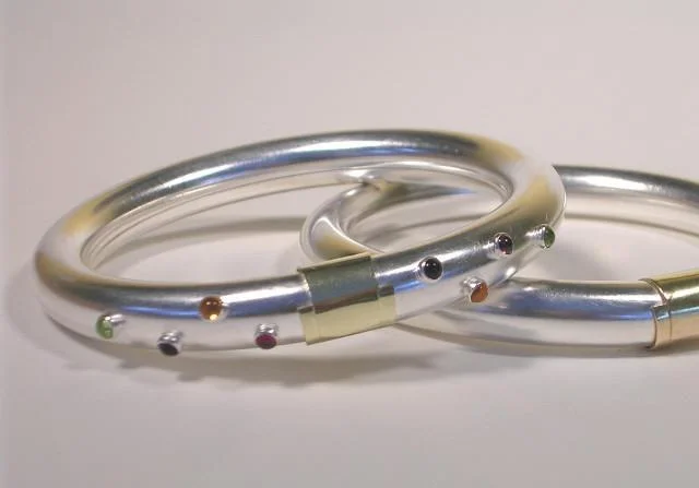 Women's evil eye bangles-Sterling Silver Bangle Bracelet with Gold Wrap and Cabochons