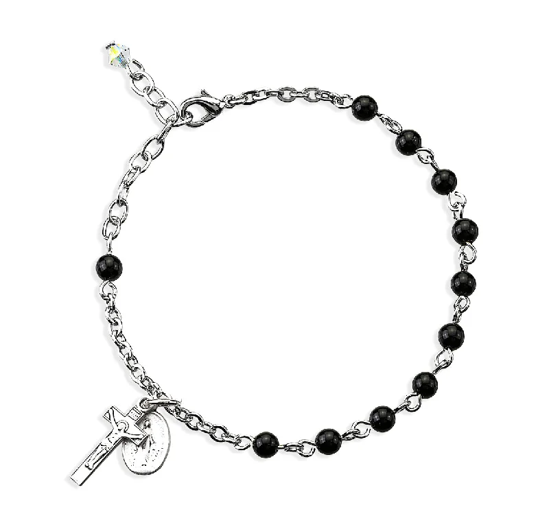 Women's silver-plated bangles-Genuine Onyx Round Rosary Bracelet - BR7400OX