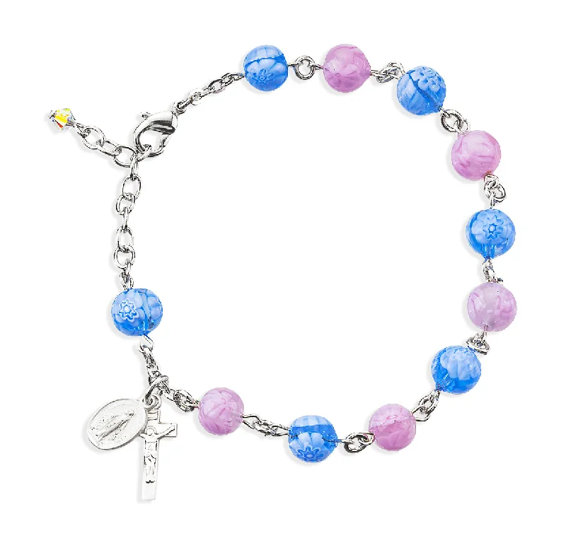 Women's Christmas bangles-Blue and Pink Venetian Round Glass Bead Sterling Silver Rosary Bracelet - B1309BLPK