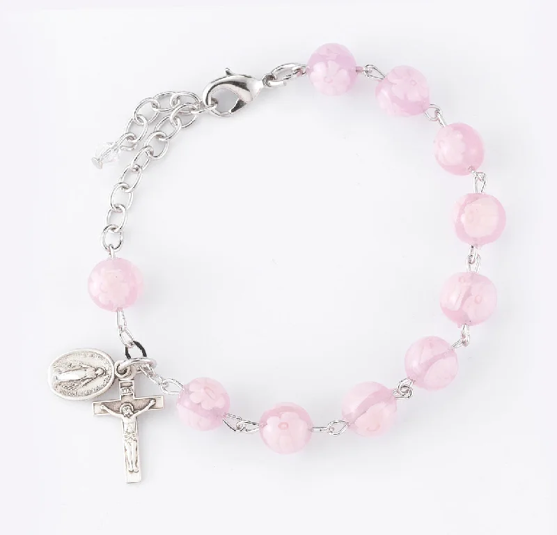 Women's graduation bangles-Pink Venetian Round Glass Bead Sterling Silver Rosary Bracelet - B1309PK