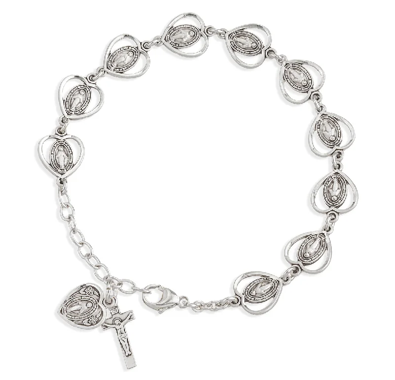 Women's travel bangles-Pierced Miraculous Medal Heart Sterling Silver Rosary Bracelet - B8833