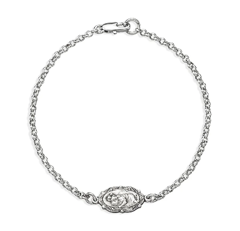 Women's geometric bangles-Sterling Silver Saint Christopher Medal on Platinum Plated Rolo Chain Bracelet 7 1/2" - BRS3604R