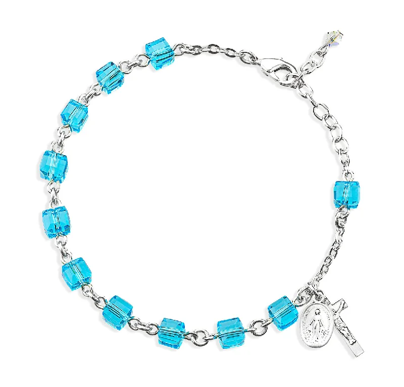 Women's charm bracelets-Crystal Cube Aqua Bead Rosary Bracelet - BR8611AQ