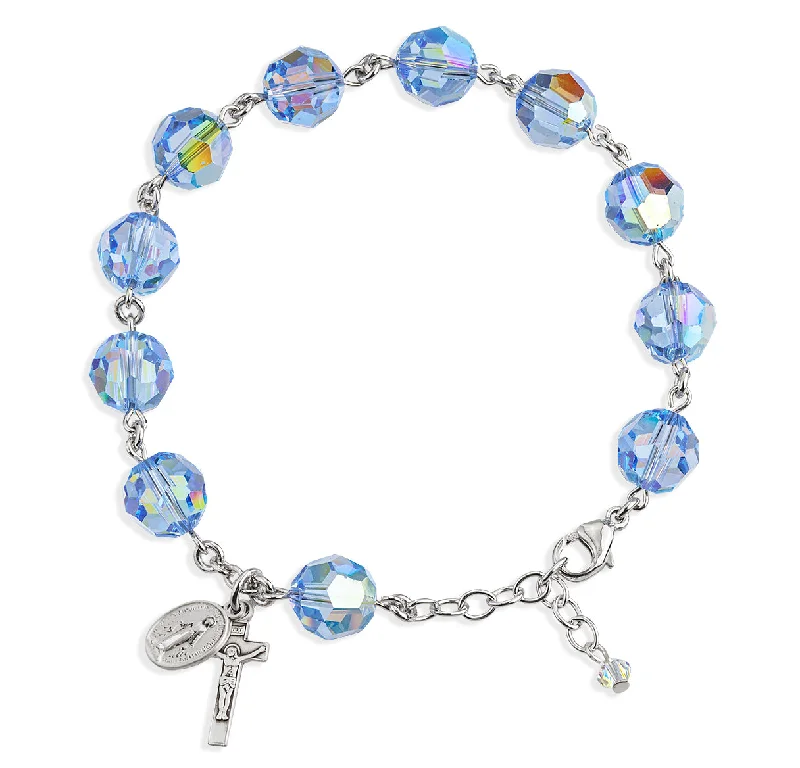 Women's Buddha bangles-Sterling Silver Rosary Bracelet Created with 10mm Light Sapphire Finest Austrian Crystal Round Beads by HMH - B8910LS