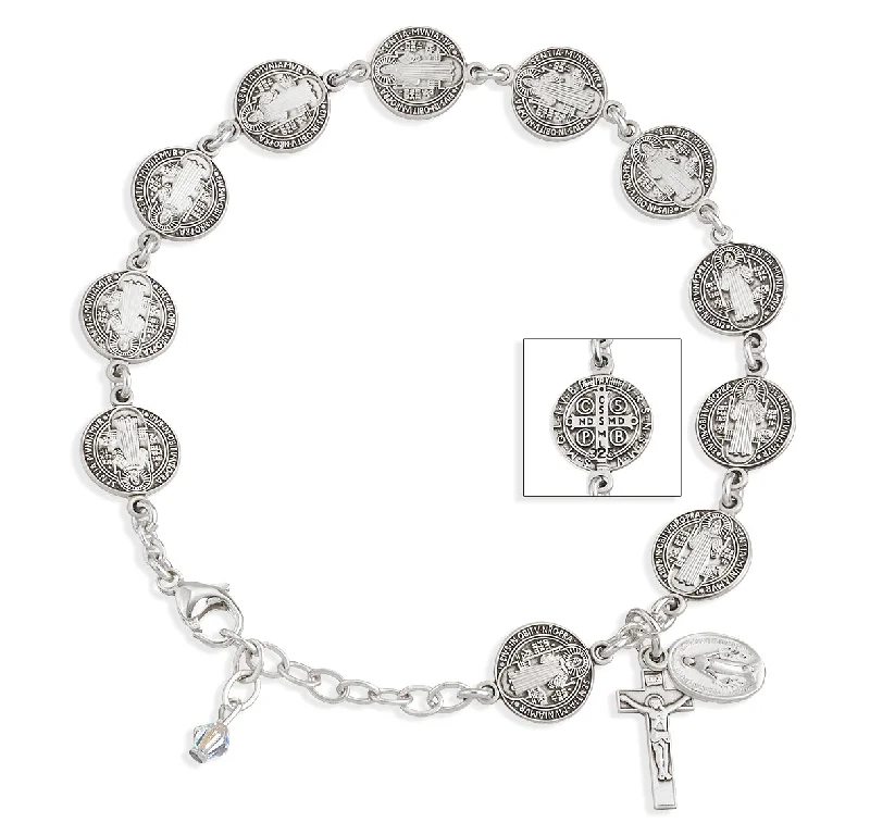 Women's custom design bangles-Saint Benedict Round Sterling Silver Rosary Bracelet - B8677