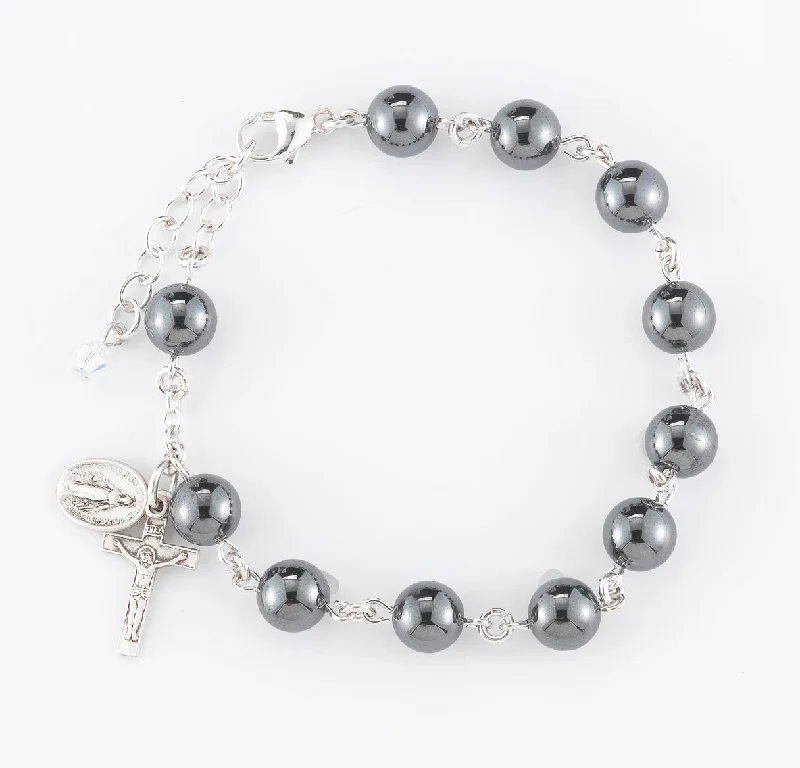 Women's pet memorial bangles-Genuine Hematite Round Sterling Silver Rosary Bracelet 8mm - B7800HT