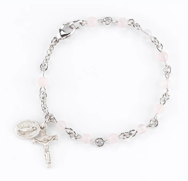 Women's gold-plated bangles-Genuine Rose Quartz Round Rosary Bracelet - BR7400RQ