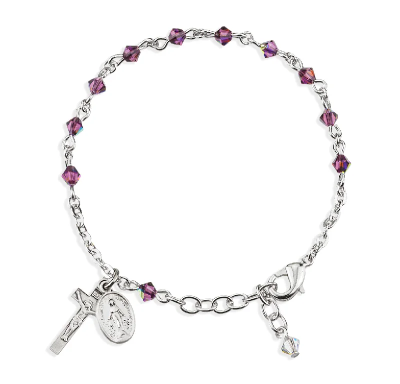 Women's pet memorial bangles-Rosary Bracelet Created with 4mm Amethyst Finest Austrian Crystal Rondelle Beads by HMH - BR6504AM