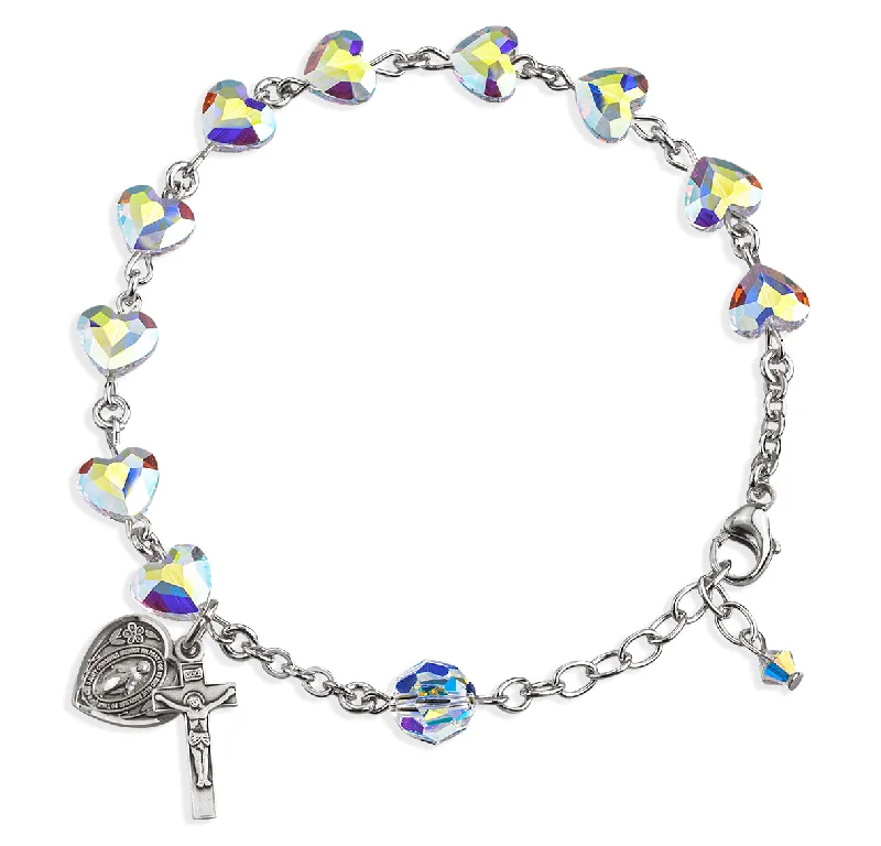 Women's vintage-inspired bangles-Sterling Silver Rosary Bracelet Created with 8mm Aurora Borealis Finest Austrian Crystal Heart Shape Beads by HMH - B5741CR