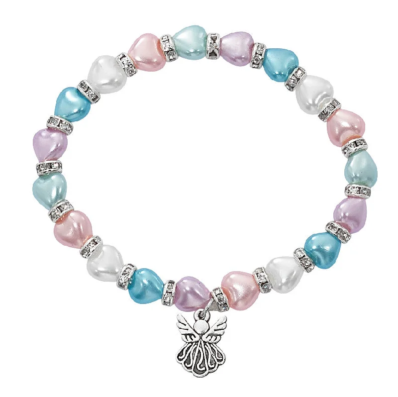 Women's evil eye bangles-5.5" MULTI COLORED ANGEL PEARL HEART BABY STRETCH BRACELET-B1020C