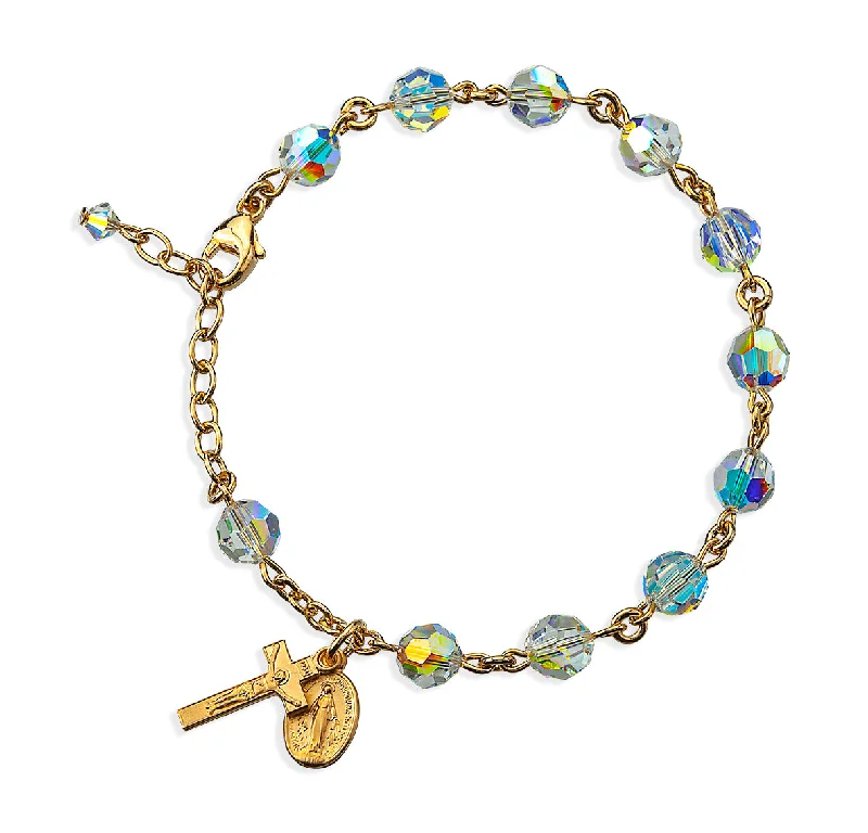 Women's holiday bangles-Gold Over Sterling Silver Rosary Bracelet Created with 7mm Aurora Borealis Finest Austrian Crystal Round Beads by HMH - B8000CRGS