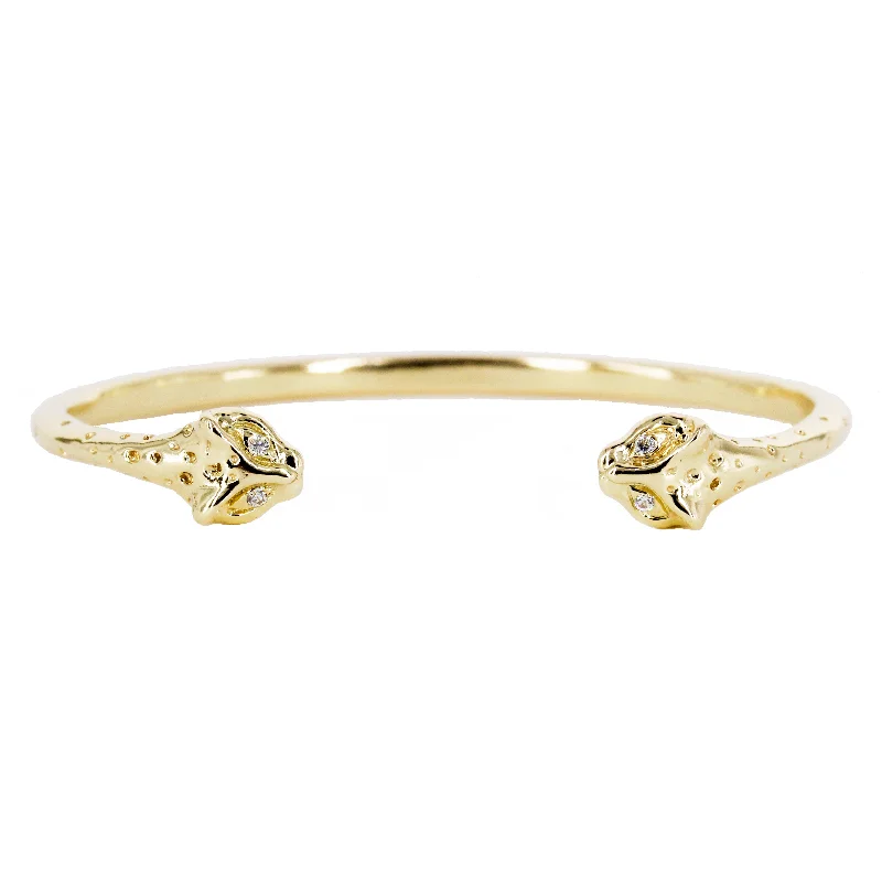 Women's gold-plated bangles-Double Headed Jaguar Cuff Bracelet with Diamond Eyes