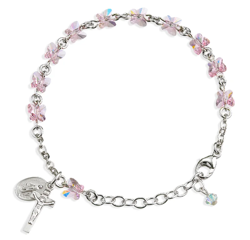 Luxury women's bangles-Sterling Silver Rosary Bracelet Created with 6mm Light Rose Finest Austrian Crystal Butterfly Beads by HMH - B8301LR