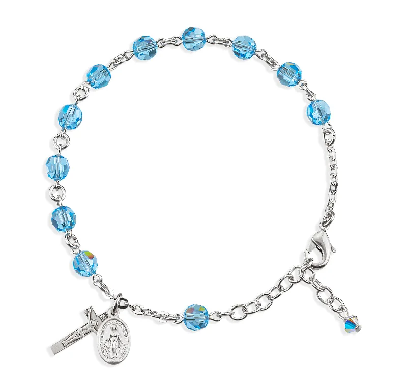 Women's stainless steel bangles-Sterling Silver Rosary Bracelet Created with 6mm Aqua Finest Austrian Crystal Round Beads by HMH - B8550AQ