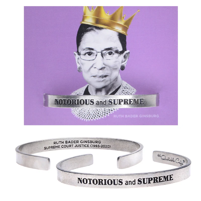 Women's silver-plated bangles-Notorious and Supreme Quotable Cuff Bracelet - Ruth Bader Ginsburg