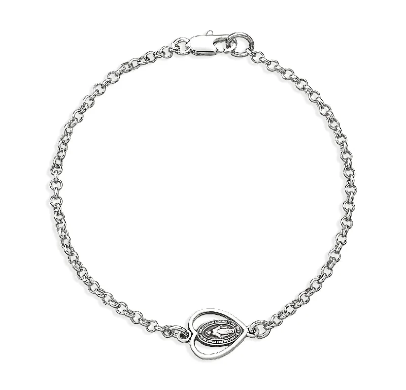 Women's unique bangles-Sterling Silver Miraculous Medal Cut Out Heart on Platinum Plated Rolo Chain Bracelet 7 1/2" - BRS3160R