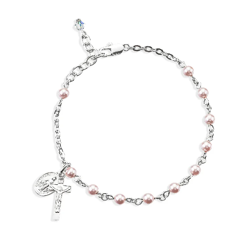 Women's everyday bangles-Rosary Bracelet Created with 4mm Pink Finest Austrian Crystal Imitation Pearl Beads by HMH - BR1350PK