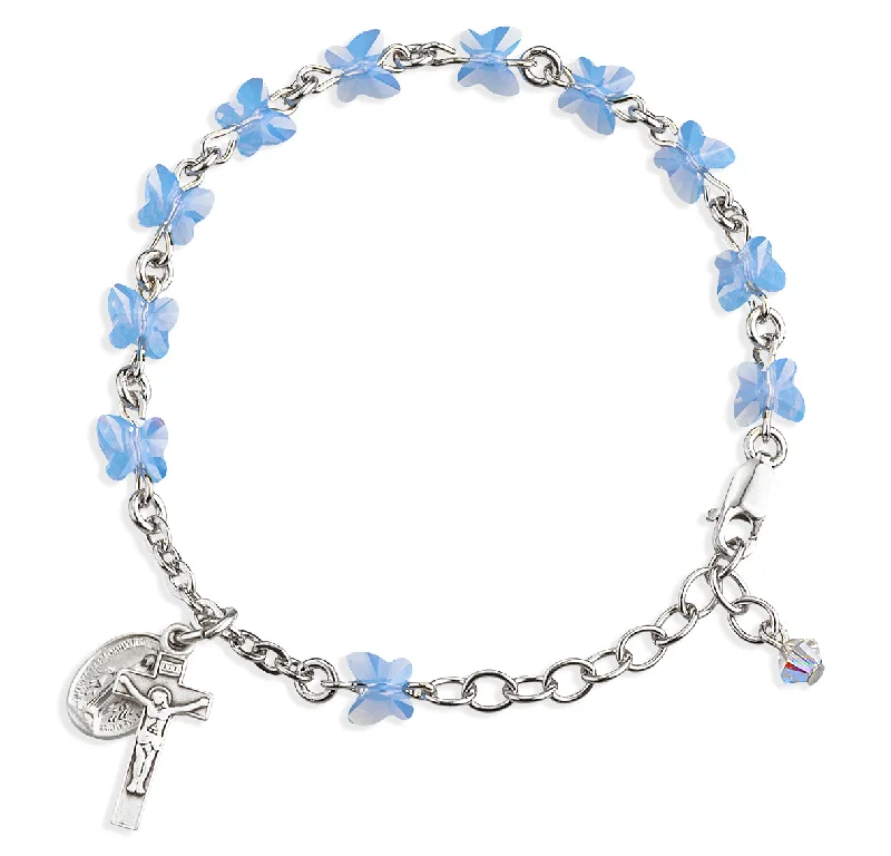 Women's zodiac bangles-Sterling Silver Rosary Bracelet Created with 6mm Blue Opal Finest Austrian Crystal Butterfly Beads by HMH - B8301BO