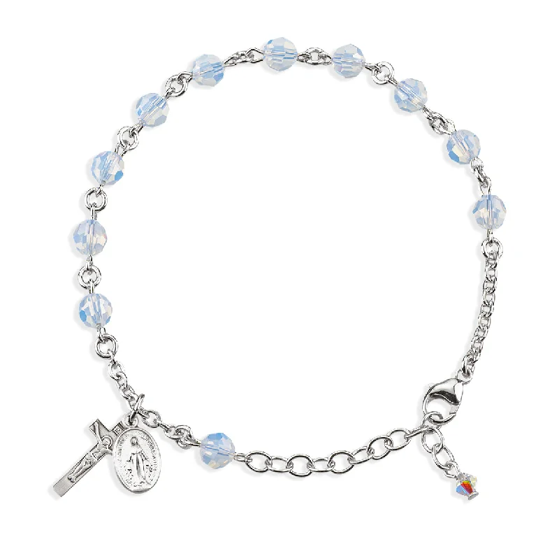 Women's pearl bangles-Sterling Silver Rosary Bracelet Created with 6mm Opal Finest Austrian Crystal Round Beads by HMH - B8550OP