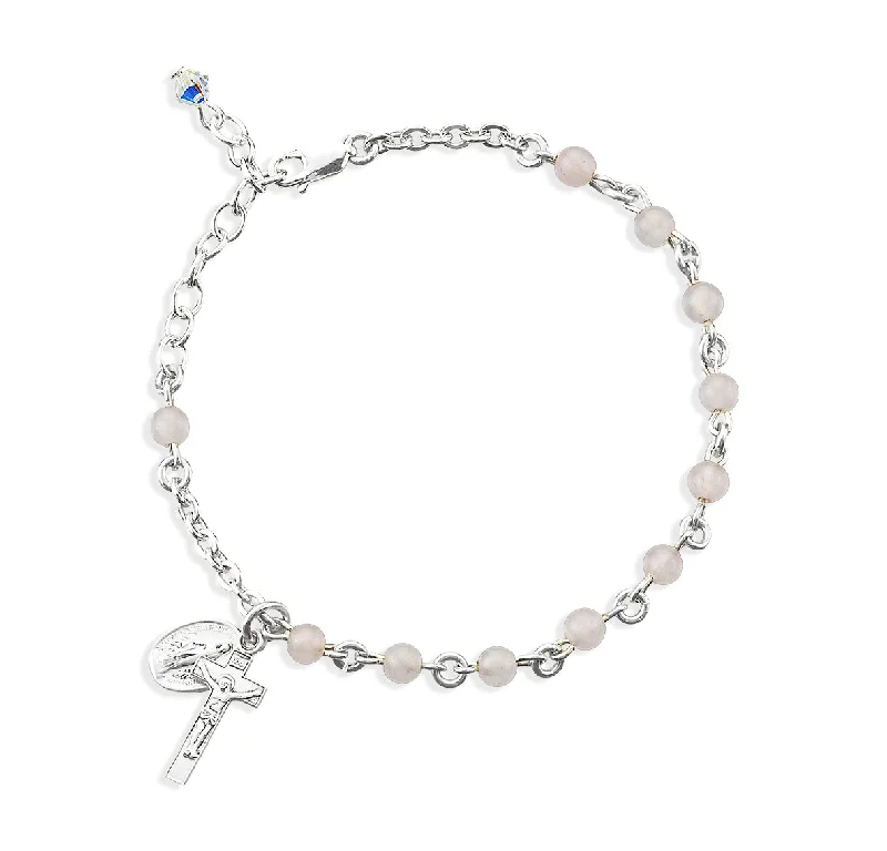 Women's gift bangles-Genuine Round Rose Quartz Sterling Silver Rosary Bracelet - B7400RQ