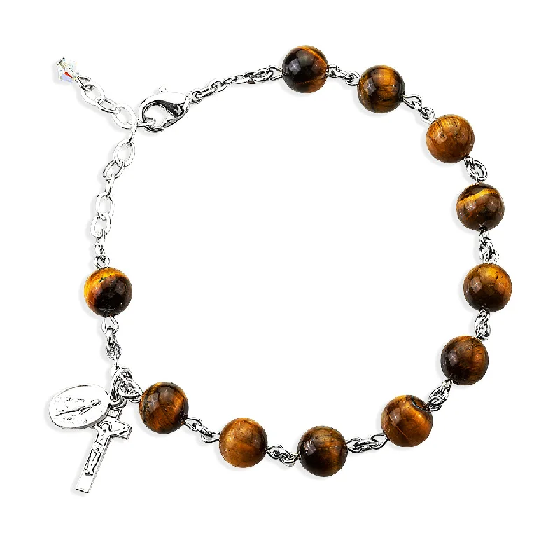 Women's sustainable bangles-Genuine Tiger Eye Round Sterling Silver Rosary Bracelet - B7800TG